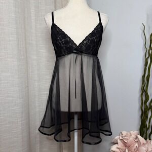 Vintage Petra Fashions‎ Sheer Black Mesh Nylon Lace Babydoll Lingerie Size Large